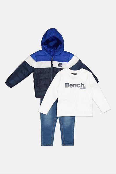 BENCH طقم جاكيت بشعار العلامة التجارية بأكمام طويلة للأولاد الصغار، مكون من 3 قطع، أزرق داكن