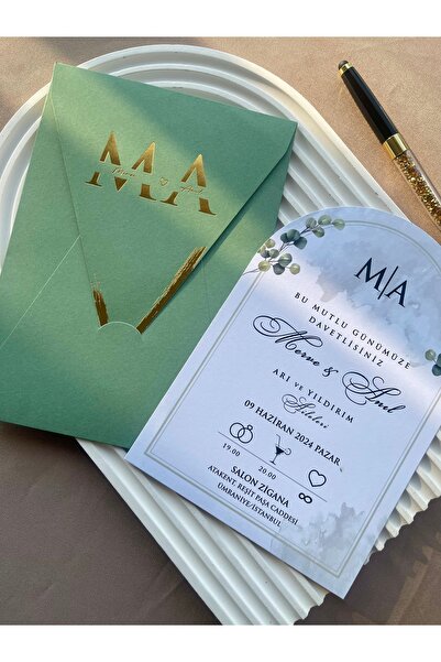 emindijital Düğün Nişan Nikah Kına Davetiyesi Kaçıkyeşil 50 Adet Yaldızlı