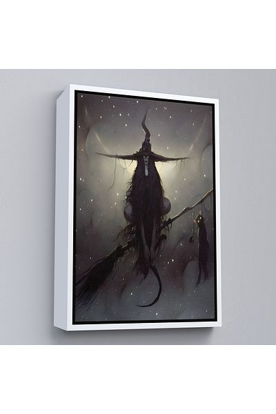 Harita Sepeti Vrăjitoare zburătoare și pisica ei cu o mătură cu cadru alb, cadou de Halloween, pictură Hellowen