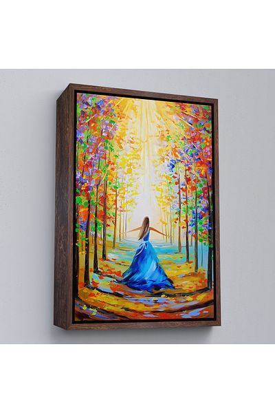 Harita Sepeti Tablou de femeie în rochie albastră, colorată, plimbându-se prin pădure, cu cadru alb