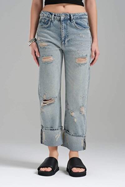 tw3 Дамски дънки в син цвят с маншети, модел „бойфренд“, 100% памук