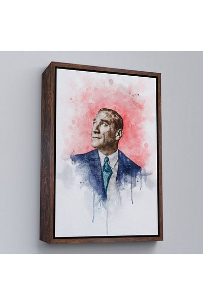 Harita Sepeti Portret în acuarelă Mustafa Kemal Atatürk cu cadru alb, pictură decorativă pe pânză