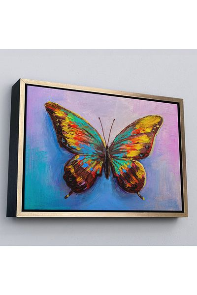 Harita Sepeti Pictură în ulei de fluture colorat cu cadru auriu Aspect pictură decorativă pe pânză