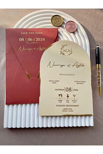 emindijital Kiremit Zarflı Oval Düğün Nişan Nikah Kına Davetiyesi 50 Adet