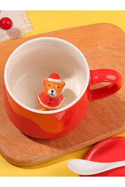 MUKKO HOME 3D Red Hat Teddy Bear Cute Figurine Surprise Porcelain Mug 350 Ml, Stylish and Fun