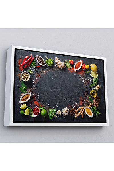 Harita Sepeti Condimente pe masa de bucatarie cu rama alba Pictura decorativa pe panza