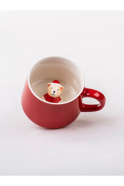 MUKKO HOME 3D Red Hat Teddy Bear Cute Figurine Surprise Porcelain Mug 350 Ml, Stylish and Fun