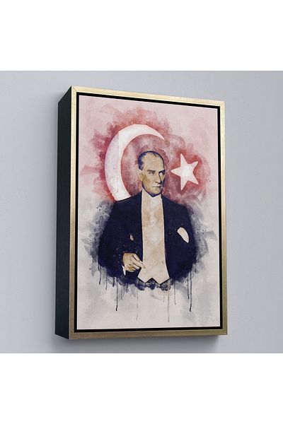 Harita Sepeti Διακοσμητικός πίνακας σε καμβά με χρυσό πλαίσιο Mustafa Kemal Atatürk και τουρκική σημαία με εμφάνιση ακουαρέλας