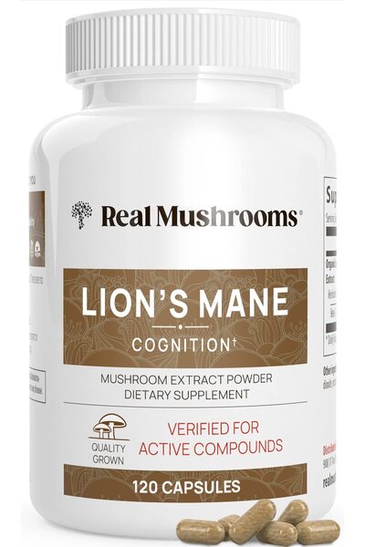 Real Mushrooms Lions Mane Mushroom Capsules (120) | Brain & Focus Supplement, Mushroom Extract