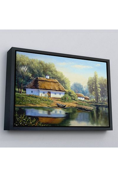 Harita Sepeti Vederea unei case de sat cu vedere la lac într-un cadru de aur Pictură murală decorativă pe pânză