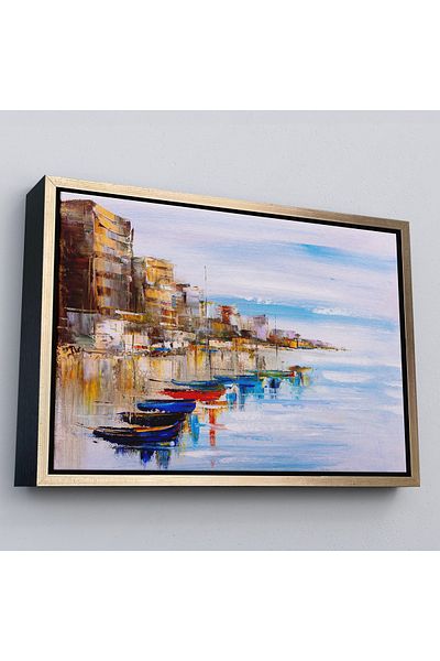 Harita Sepeti Barci colorate pe plajă cu cadru de aur Pictură decorativă pe pânză