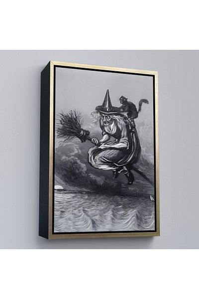 Harita Sepeti Кафява рамка за стара вещица и котка, летяща на метла, подарък за Хелоуин, картина за Хелоуин