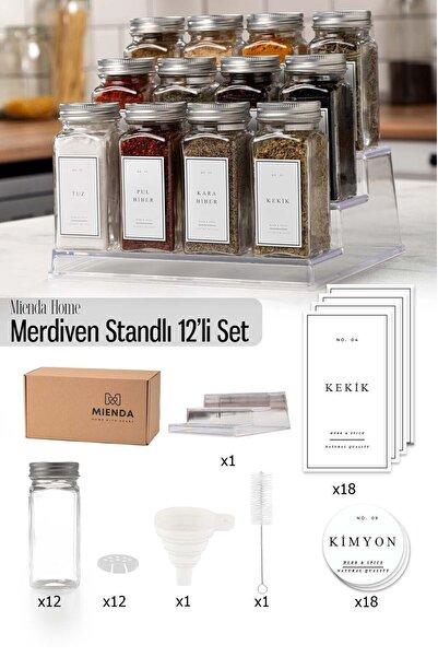 Mienda Home 12'li Şeffaf Merdiven Standlı Cam Baharatlık Beyaz Etiket Fırça V...