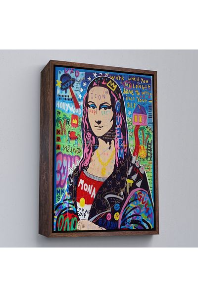 Harita Sepeti Pictură pe pânză Mona Lisa colorată Banksy cu cadru alb, Pop Art, Street Art, Pictură pe pânză