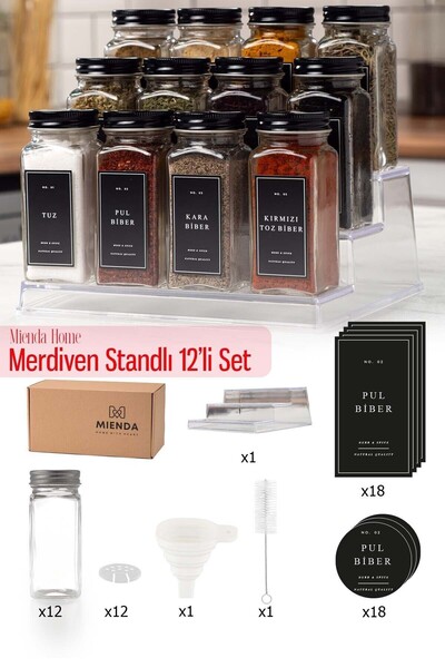 Mienda Home 12'li Şeffaf Merdiven Standlı Cam Baharatlık Siyah Etiket Fırça V...