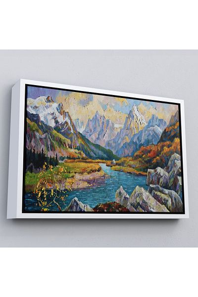 Harita Sepeti White Framed Caucasian Mountains Scenic Oil Painting View Decorative Canvas Wall Painting