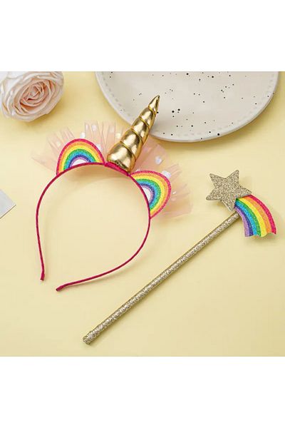 darko Unicorn Gold Yellow Rainbow Hair Band Crown and Wand Σετ 2 Starry Color Δώρο γενεθλίων