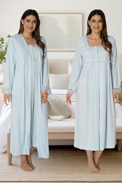Effortt Hamile Lohusa Zarif Dantel detaylı sabahlıklı Lohusa Gecelik Seti Eff...