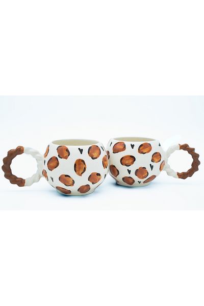 SeraCEY 2' Li Knitted Handle Bubble Leopard Patterned Hand Embroidered Ceramic Mug
