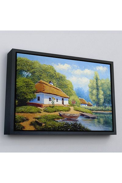 Harita Sepeti Peisaj de casă de sat ucraineană în cadru de aur Vizualizare pictură murală decorativă pe pânză