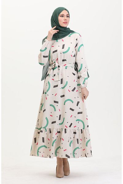 sefamerve Λινό φόρεμα με σχέδιο Plus Size 91817-01 Κρεμ πράσινο