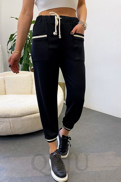 Qaju Black Trousers with Pockets and Legs Knitwear Detail