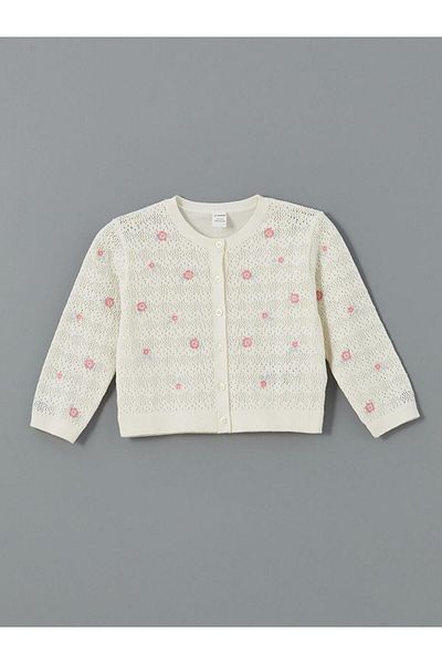LC Waikiki Lcw Kids Ecru Crew Neck Lace Girl's Knitwear Cardigan