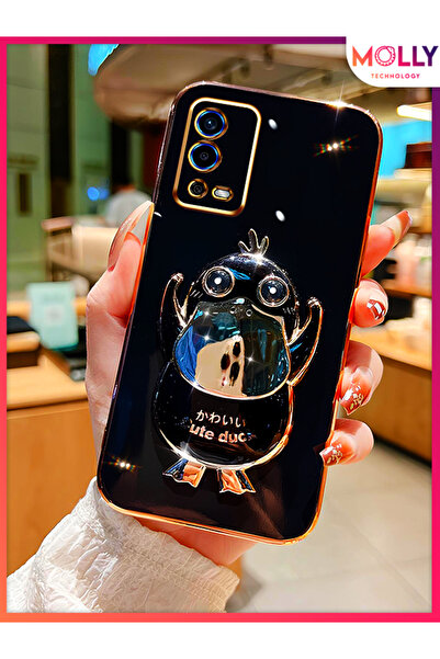 Molly Oppo A55 İçin Siyah Sevimli Ördek Standlı Kenarları Gold Detaylı Lüks S...