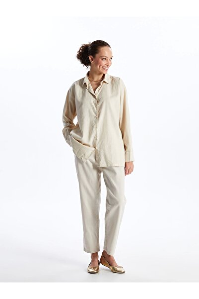 LC Waikiki XSIDE BEJ Düz Uzun Kollu Keten Karışımlı Kadın Gömlek