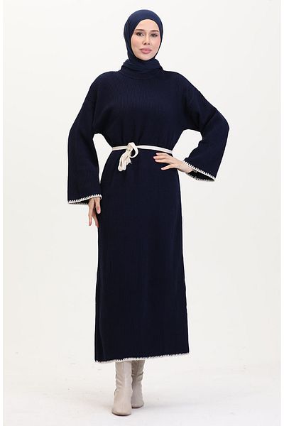 sefamerve Κέντημα Λεπτομερές Πλεκτό Φόρεμα 11040-06 Navy Blue