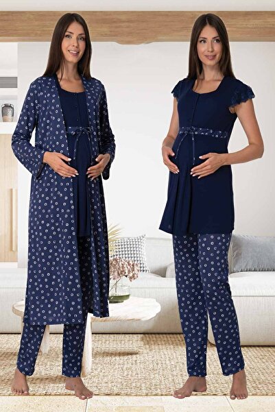 Effort Pijama Mayss Collections 6014 Navy Blue Maternity Pajamas Set with Blue Dressing Gown