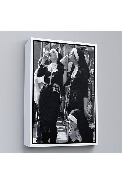 Harita Sepeti Rebel Nuns Canvas Painting with White Frame, Drinking and Smoking Parody, Black and White Street Art