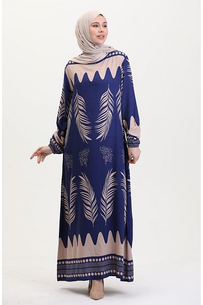sefamerve Marineblau gemustertes Viskosekleid 0005-01