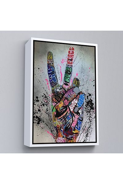 Harita Sepeti Pictură pe pânză cu mișcare manuală Bansky cu cadru alb, pictură de artă de stradă Graffiti Victory Sign