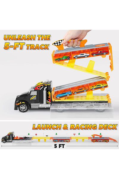 JOYIN Toy Truck, 5-FT Race Track, 12 Die-Cast Cars, Lights & Sounds, Gift for Kids 2-5 Years - Black