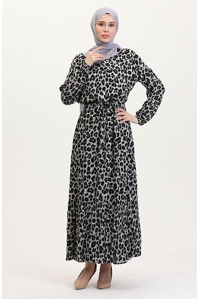 sefamerve Kleid mit Leopardenmuster und Kordelzug in der Taille 0009-01 Schwarz