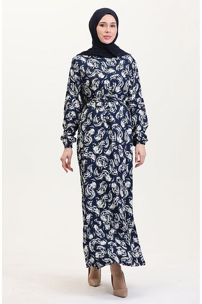sefamerve Φόρεμα βισκόζης με μοτίβο ζωσμένο 0013-05 Navy Blue