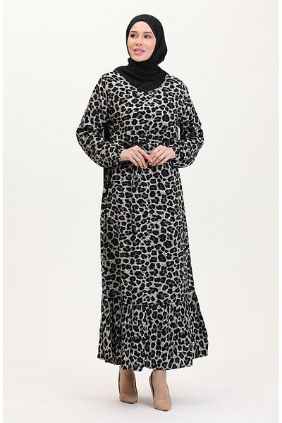 sefamerve Kleid mit Gürtel und Leopardenmuster 0008-01 Schwarz