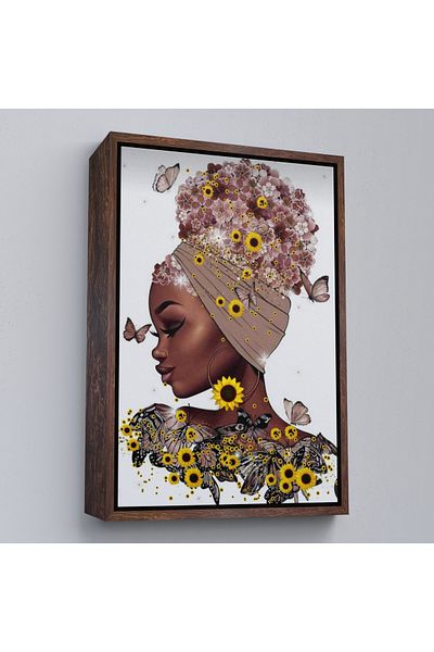 Harita Sepeti African Beautiful Woman in White Framed Flowers Wall Painting