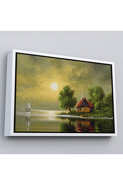 Harita Sepeti Casă de sat pe lac cu cadru alb Vizualizare în ulei Pictură decorativă pe pânză