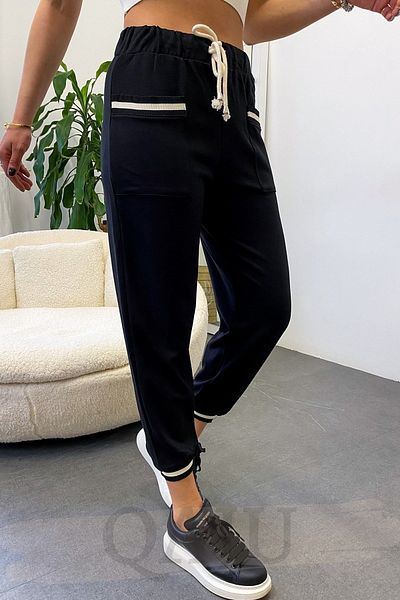 Qaju Black Trousers with Pockets and Legs Knitwear Detail