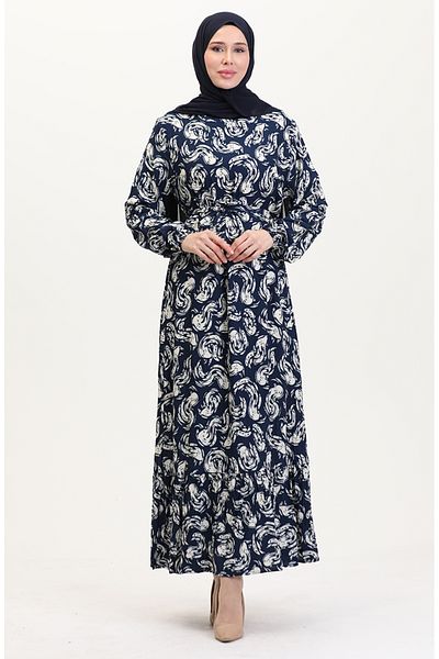 sefamerve Φόρεμα βισκόζης με μοτίβο ζωσμένο 0013-05 Navy Blue