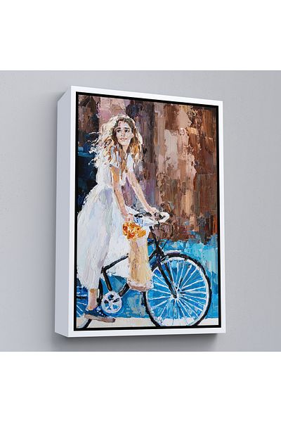 Harita Sepeti Fata in rochie alba care merge pe bicicleta cu cadru alb Pictura de perete