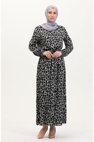sefamerve Kleid mit Leopardenmuster und Kordelzug in der Taille 0009-01 Schwarz