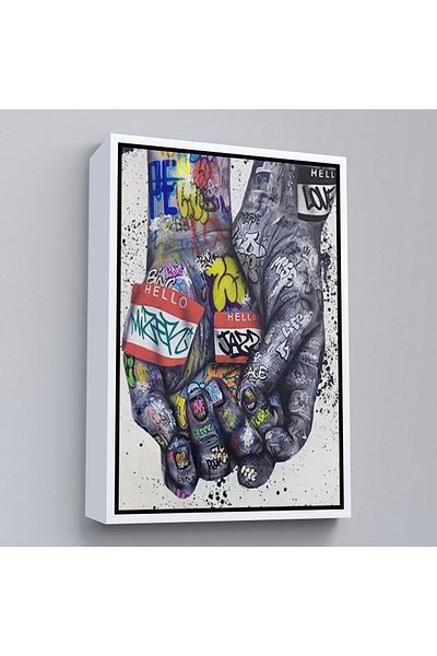 Harita Sepeti White Framed Banksy Style Canvas Wall Art, Graffiti Hand Wall Poster Canvas Painting