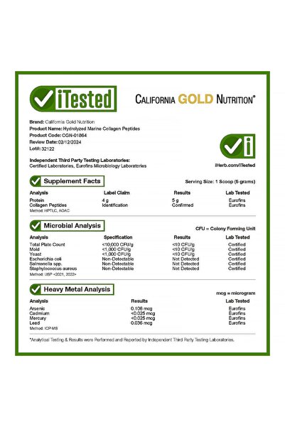 California Gold Nutrition Collagen Peptides with Hyaluronic Acid, Supports Hair, Skin, Nails, Joints, Bones, Non-GMO, 17.64 oz