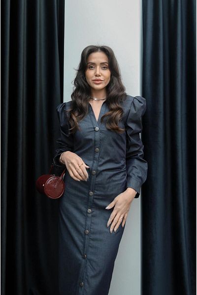 Havoş Navy Blue Gathered Denim Dress