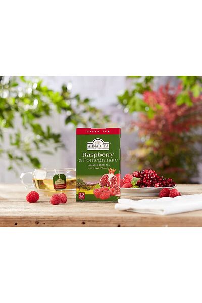 Ahmad Tea شاي أخضر، توت العليق والرمان، 20 كيسًا (عبوة واحدة) - خالي من الكافيين والسكر