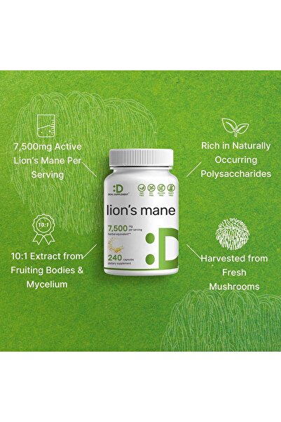 DEAL SUPPLEMENT Lions Mane Mushroom, 7,500mg, 240 Caps – Brain & Immune Support – Non-GMO