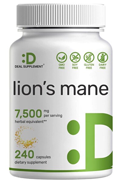 DEAL SUPPLEMENT Lions Mane Mushroom, 7,500mg, 240 Caps – Brain & Immune Support – Non-GMO